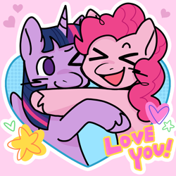 Size: 2048x2048 | Tagged: safe, alternate character, alternate version, artist:daisy_marshmallow, pinkie pie, twilight sparkle, alicorn, pony, g4, ><, blushing, commission, commissioner:puffydearlysmith, cute, diapinkes, duo, eyes closed, female, happy, holiday, hug, lesbian, mare, open mouth, open smile, ship:twinkie, shipping, smiling, twiabetes, twilight sparkle (alicorn), valentine's day, xd, ych result