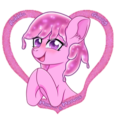 Size: 3350x3600 | Tagged: safe, artist:wojtek-ツ, derpibooru exclusive, oc, oc only, oc:bubblegooey, goo, goo pony, original species, pony, :d, blushing, bust, cute, daaaaaaaaaaaw, ear fluff, female, gift art, happy, heart, hearts and hooves day, hooves together, looking at you, mare, ocbetes, open mouth, open smile, pink coat, pink mane, purple eyes, raised hoof, simple background, slime, smiling, smiling at you, solo, text, transparent background