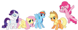 Size: 3742x1449 | Tagged: safe, artist:sleepymoss, applejack, fluttershy, pinkie pie, rainbow dash, rarity, earth pony, pegasus, pony, unicorn, g4, magical mystery cure, ^^, charity, compassion, devotion, eyes closed, female, integrity, mare, open mouth, optimism, raised hoof, remane five, simple background, spread wings, transparent background, wings