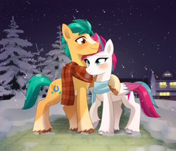 Size: 1050x900 | Tagged: safe, artist:riouku, hitch trailblazer, zipp storm, earth pony, pegasus, pony, g4, g5, winter wrap up, adorazipp, blushing, clothes, cute, duo, duo male and female, female, height difference, hitchbetes, holiday, hoof around neck, house, hug, looking down, looking up, male, mare, markings, night, outdoors, park, scarf, ship:stormblazer, shipping, smiling, snow, snowfall, stallion, straight, tree, unshorn fetlocks, valentine's day, wings, winter
