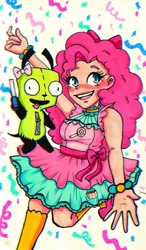 Size: 677x1161 | Tagged: safe, artist:rinsknife, pinkie pie, human, equestria girls, g4, confetti, crossover, female, gir, invader zim, male, party