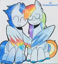 Size: 414x453 | Tagged: safe, artist:xilike2drawxx13, rainbow dash, soarin', pegasus, pony, g4, colored wings, eyes closed, female, holiday, hug, male, mare, ship:soarindash, shipping, smiling, stallion, straight, traditional art, two toned wings, valentine's day, winghug, wings