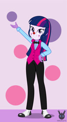 Size: 778x1418 | Tagged: safe, artist:wheatley r.h., derpibooru exclusive, oc, oc only, oc:twi clown, human, equestria girls, g4, bowtie, clothes, clown, clown makeup, clown nose, equestria girls-ified, female, red nose, shoes, simple background, smiling, solo, spats, suit, vector, vest, watermark