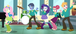 Size: 1313x585 | Tagged: safe, edit, edited screencap, screencap, big macintosh, fluttershy, rarity, toe-tapper, torch song, equestria girls, g4, my little pony equestria girls: summertime shorts, steps of pep, boots, clothes, cropped, drums, group, high heel boots, musical instrument, piano, ponytones, ponytones outfit, quartet, quintet, shirt, shoes, singing, skirt, wondertones