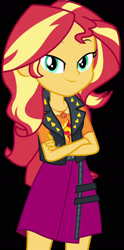 Size: 828x1667 | Tagged: safe, artist:cutler1228, edit, edited screencap, screencap, sunset shimmer, human, equestria girls, g4, black background, clothes, crossed arms, female, geode of empathy, looking at you, magical geodes, not a vector, simple background, skirt, smiling, solo, vest