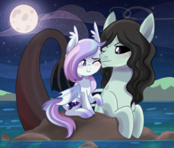 Size: 2629x2239 | Tagged: safe, artist:spookyle, oc, oc:dreamy skies, oc:jellan, bat pony, hybrid, merpony, pony, seapony (g4), siren, blushing, digital art, female, fin, fish tail, looking at each other, looking at someone, male, mare, moon, night, ocean, scales, shipping, smiling, smiling at each other, swimming, tail, water