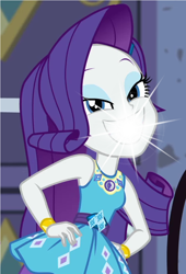 Size: 750x1100 | Tagged: safe, edit, edited screencap, screencap, rarity, human, equestria girls, g4, my little pony equestria girls: better together, street chic, clothes, eyeshadow, female, geode of shielding, grin, hand on hip, magical geodes, makeup, rarity peplum dress, smiling, solo, sparkling smile, teeth