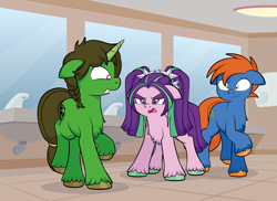 Size: 5346x3884 | Tagged: safe, artist:alexdti, aria blaze, oc, oc:smoothie, oc:tokamak, pony, comic:we will be adored, g4, absurd resolution, bathroom, equestria girls ponified, floppy ears, ponified