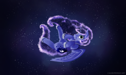 Size: 3760x2238 | Tagged: safe, artist:calebpedigo, princess luna, alicorn, pony, g4, female, floating, high res, looking at you, mare, smiling, smiling at you, solo, space