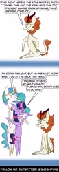 Size: 1000x2900 | Tagged: safe, artist:sneshpone, autumn blaze, princess celestia, twilight sparkle, alicorn, kirin, pony, g4, bipedal, comic, confused, dialogue, female, frown, mare, noodle incident, open mouth, open smile, pleading, simple background, sitting, smiling, speech bubble, stream of silence, this will end in silence, trio, trio female, twilight sparkle (alicorn), white background