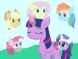 Size: 1076x821 | Tagged: safe, artist:cmara, applejack, fluttershy, pinkie pie, rainbow dash, rarity, twilight sparkle, alicorn, earth pony, pegasus, pony, unicorn, g4, female, floating head, immortality blues, mane six, twilight sparkle (alicorn), twilight will outlive her friends