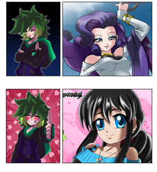 Size: 3746x4100 | Tagged: safe, artist:cmacx, artist:mauroz, edit, rarity, spike, oc, oc:hikari (spike chronicles), human, g4, anime, blushing, disgusted, heart, hotline bling, humanized, meme, thumbs up, tongue out