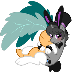 Size: 5000x5000 | Tagged: safe, artist:wtfponytime, oc, oc only, oc:top clue, pony, unicorn, blushing, bowtie, bunny ears, bunny suit, bunny tail, clothes, cuddling, cuffs (clothes), hat, looking at you, male, plushie, simple background, socks, solo, stallion, tail, top hat, transparent background