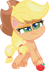 Size: 224x326 | Tagged: safe, applejack, earth pony, g4.5, my little pony: pony life, official, 2d, apple, chibi, confident, cowboy hat, food, hat, simple background, smiling, solo, standing, transparent background
