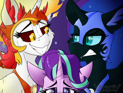 Size: 3200x2400 | Tagged: safe, artist:gnashie, daybreaker, nightmare moon, starlight glimmer, alicorn, unicorn, g4, angry, colored sclera, crown, ear fluff, fangs, fire, floppy ears, grin, helmet, jewelry, regalia, smiling, smug, tired