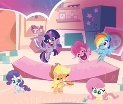 Size: 1614x1360 | Tagged: safe, applejack, fluttershy, pinkie pie, rainbow dash, rarity, twilight sparkle, alicorn, butterfly, g4.5, my little pony: pony life, official, 2d, chibi, eyes closed, flying, food, happy, looking at you, lying down, one eye closed, pie, smiling, smiling at you, standing, sugarcube corner, twilight sparkle (alicorn), wink