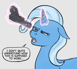 Size: 900x810 | Tagged: safe, artist:a0iisa, trixie, pony, unicorn, g4, /mlp/, 4chan, colored, confused, dark comedy, darwin awards, ears, female, flat colors, floppy ears, glock, glock 17, glowing, glowing horn, gray background, gun, handgun, horn, intrigued, levitation, looking at something, magic, magic aura, mare, open mouth, pistol, pointing gun, simple background, solo, squint, talking, telekinesis, text, this will end in death, this will not end well, too dumb to live, weapon