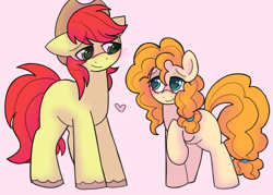 Size: 2800x2000 | Tagged: safe, artist:puppie, bright mac, pear butter, earth pony, pony, g4, blushing, canon ship, cute, female, heart, heart eyes, looking at each other, looking at someone, love, male, mare, pink background, ship:brightbutter, shipping, simple background, stallion, straight, wingding eyes