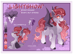 Size: 3179x2342 | Tagged: safe, artist:ezzerie, oc, oc:lightshow, bat pony, pony, alternate hairstyle, bat pony oc, hairclip, reference sheet, solo