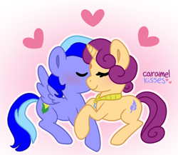 Size: 1024x888 | Tagged: safe, artist:caramel kisses, oc, oc only, oc:alice feather, oc:corny bell, pegasus, pony, unicorn, blushing, couple, eyes closed, giveaway, heart, hearts and hooves day, horn, jewelry, kissing, love, necklace, pegasus oc, simple background, spread wings, two toned hair, unicorn oc, wings