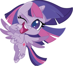 Size: 447x404 | Tagged: safe, twilight sparkle, alicorn, g4.5, my little pony: pony life, official, 2d, chibi, flying, happy, looking at you, one eye closed, simple background, smiling, smiling at you, solo, transparent background, twilight sparkle (alicorn), wink, winking at you