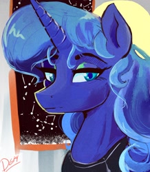 Size: 1000x1149 | Tagged: safe, artist:thelunarmoon, princess luna, alicorn, pony, g4, bust, constellation, female, lidded eyes, looking at you, mare, signature, solo, sternocleidomastoid