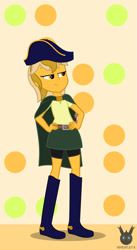 Size: 778x1418 | Tagged: safe, artist:wheatley r.h., derpibooru exclusive, oc, oc only, oc:captain price, equestria girls, g4, belt, boots, cape, captain hat, clothes, equestria girls-ified, female, hand on hip, shoes, shorts, shorts under skirt, simple background, skirt, solo, watermark, wooden sword