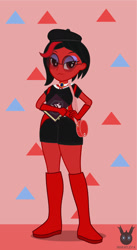 Size: 778x1418 | Tagged: safe, artist:wheatley r.h., derpibooru exclusive, oc, oc only, oc:red widow, human, equestria girls, g4, beret, book, boots, clothes, equestria girls-ified, eyeshadow, female, gem, glasses, gloves, hat, jewelry, makeup, necklace, purple eyeshadow, shoes, simple background, solo, spellbook, vector, watermark
