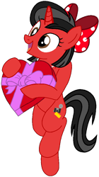 Size: 521x933 | Tagged: safe, artist:mickey1909, oc, oc only, oc:minnie motion, pony, unicorn, g4, bow, box of chocolates, female, hair bow, holiday, simple background, transparent background, valentine's day