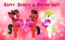 Size: 2117x1300 | Tagged: safe, artist:mickey1909, oc, oc only, oc:honey bun, oc:mickey motion, oc:minnie motion, pegasus, unicorn, g4, box of chocolates, hearts and hooves day, holiday, valentine's day