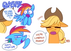 Size: 1280x912 | Tagged: safe, artist:jellynut, applejack, rainbow dash, earth pony, pegasus, pony, g4, :o, applejack's hat, blushing, cowboy hat, dialogue, duo, duo female, female, hat, lesbian, mare, open mouth, ponytail, ship:appledash, shipping, signature, simple background, smiling, surprised, talking, text, white background