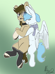 Size: 1511x2012 | Tagged: safe, artist:aliceg, oc, oc only, oc:file folder, oc:paladin, earth pony, pegasus, pony, clothes, collar, cuddling, duo, duo male, gay, gradient background, hug, male, oc x oc, scarf, shipping, socks, stallion