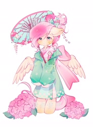 Size: 1500x2048 | Tagged: safe, artist:leafywind, fluttershy, pegasus, pony, g4, big ears, bipedal, bow, clothes, female, floppy ears, flower, hair bow, hoodie, hydrangea, kimono (clothing), mare, obtrusive watermark, petals, ponytail, simple background, solo, spread wings, umbrella, wagasa, watermark, white background, wings