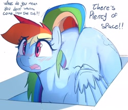 Size: 2296x1982 | Tagged: safe, artist:welost, rainbow dash, pegasus, pony, g4, bathtub, blushing, butt, dialogue, female, if i fits i sits, mare, oblivious, plot, raised tail, simple background, solo, sternocleidomastoid, tail, the ass was too fat, white background