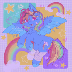 Size: 894x894 | Tagged: safe, artist:dudsmeown, rainbow dash, pegasus, pony, g4, abstract background, bandage, bandaged leg, cute, dashabetes, female, goggles, goggles on head, mare, rainbow, solo, spread wings, stars, wings