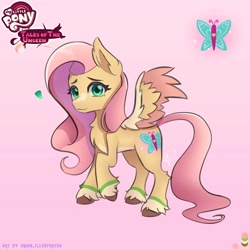 Size: 3534x3533 | Tagged: safe, artist:orion_illustrates, fluttershy, pegasus, pony, comic:tales of the unseen, g4, chest fluff, coat markings, colored hooves, colored wings, colored wingtips, concave belly, cutie mark, ear fluff, facial markings, female, gradient background, long mane, long tail, mare, pale belly, raised hoof, redesign, smiling, solo, spread wings, standing, stripe (coat marking), tail, unshorn fetlocks, wing fluff, wings