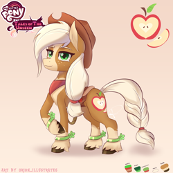 Size: 5000x5000 | Tagged: safe, artist:orion_illustrates, applejack, earth pony, pony, comic:tales of the unseen, g4, absurd resolution, applejack's hat, bracelet, braid, braided tail, clothes, coat markings, cowboy hat, cutie mark, eyebrows, female, freckles, hat, jewelry, looking at you, mare, raised hoof, redesign, scarf, signature, simple background, smiling, smiling at you, socks (coat markings), solo, tail, unshorn fetlocks