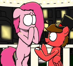 Size: 3351x3023 | Tagged: safe, artist:professorventurer, oc, oc:cassie venturer, oc:professor venturer, earth pony, pegasus, pony, bipedal, cel shading, female, floppy ears, gazebo, hat, holiday, lore, male, mare, marriage proposal, night, shading, smiling, stallion, tint, top hat, valentine's day, zephyr heights