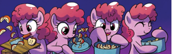 Size: 1705x541 | Tagged: safe, artist:agnesgarbowska, idw, official comic, smorgasbord, earth pony, pony, g4, spoiler:comic, spoiler:comic60, apple, apple slice, cooking, cute, female, filly, foal, food, gradient background, pot