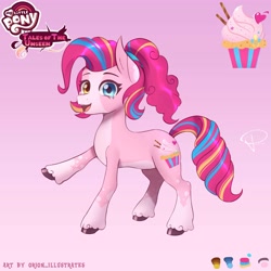 Size: 5000x5000 | Tagged: safe, artist:orion_illustrates, pinkie pie, earth pony, pony, comic:tales of the unseen, g4, coat markings, colored hooves, countershading, female, gradient background, heterochromia, mare, multicolored mane, multicolored tail, open mouth, open smile, pale belly, plump, ponytail, raised hoof, redesign, round belly, slightly chubby, smiling, socks (coat markings), solo, standing, tail, unshorn fetlocks