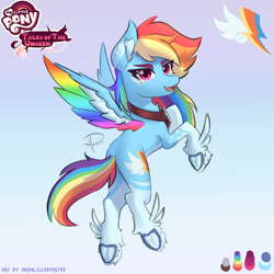 Size: 2300x2300 | Tagged: safe, artist:orion_illustrates, rainbow dash, pegasus, pony, comic:tales of the unseen, g4, alternate design, aviator goggles, coat markings, colored ear fluff, colored wings, colored wingtips, concave belly, countershading, ear fluff, female, flying, frog (hoof), goggles, gradient background, hoof heart, hoofbutt, leg fluff, lightning mark, looking at you, looking back, looking back at you, mare, multicolored mane, multicolored tail, multicolored wings, open mouth, open smile, rainbow background, redesign, smiling, socks (coat markings), solo, spread wings, tail, underhoof, unshorn fetlocks, wings