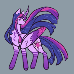 Size: 2048x2048 | Tagged: safe, artist:ghostunes, twilight sparkle, alicorn, pony, g4, coat markings, curved horn, folded wings, gray background, hoof fluff, horizontal stripes, horn, looking at you, redesign, simple background, socks (coat markings), sparkles, straight hair, stripes, wings