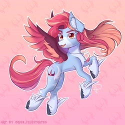 Size: 5000x5000 | Tagged: safe, artist:orion_illustrates, oc, oc only, oc:coral cloudbloom, pegasus, pony, comic:tales of the unseen, chest fluff, coat markings, colored hooves, colored wings, colored wingtips, concave belly, countershading, ear fluff, female, flying, gradient background, jewelry, mare, multicolored mane, multicolored tail, necklace, open mouth, open smile, pale belly, pegasus oc, slender, smiling, solo, spread wings, tail, thin, unshorn fetlocks, wings