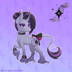Size: 5000x5000 | Tagged: safe, artist:orion_illustrates, oc, oc only, oc:dreamfall, pony, unicorn, comic:tales of the unseen, bow, bracelet, choker, colored hooves, curved horn, cutie mark, ear piercing, earring, eyeshadow, female, goth, hair bun, hairpin, horn, jewelry, leonine tail, makeup, mare, multicolored mane, multicolored tail, piercing, raised hoof, solo, studded bracelet, tail, tail bow, unicorn oc, unshorn fetlocks