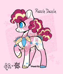 Size: 880x1036 | Tagged: safe, artist:beyhr, oc, oc:razzle dazzle, earth pony, pony, coat markings, colored pupils, fusion, fusion:pinkie pie, hooves, multicolored hooves, not pinkie pie, pink background, raised hoof, signature, simple background, solo, unshorn fetlocks, wingding eyes