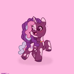 Size: 2480x2480 | Tagged: safe, artist:starburstuwu, violette rainbow, pony, unicorn, g5, coat markings, cute, dreadlocks, female, filly, foal, high res, jewelry, looking back, looking up, necklace, open mouth, open smile, pink background, pinto, raised hoof, simple background, smiling, solo, sparkles, sparkly eyes, turned head, violettebetes, vitiligo, wingding eyes
