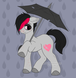 Size: 2914x3012 | Tagged: safe, artist:goatburps, oc, oc only, oc:miss eri, earth pony, pony, colored hooves, earth pony oc, emo, female, hair over one eye, holding, mare, multicolored mane, patterned background, rain, raised hoof, scar, self harm, self harm scars, solo, umbrella