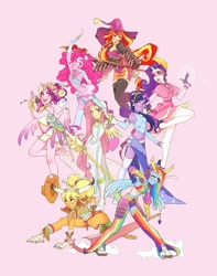 Size: 3154x4000 | Tagged: safe, artist:skirtzzz, applejack, fluttershy, pinkie pie, princess cadance, rainbow dash, rarity, sunset shimmer, twilight sparkle, human, g4, alternate mane seven, armpits, belly button, big crown thingy, clothes, crossover, dress, element of generosity, element of honesty, element of kindness, element of laughter, element of loyalty, element of magic, elements of harmony, female, final fantasy, final fantasy x-2, flower, flower in hair, grin, hat, hood, horn, horned humanization, horns, humanized, jewelry, mane six, microphone, midriff, open mouth, open smile, partial hem, paw gloves, paw socks, pink background, pony coloring, regalia, sandals, simple background, skirt, smiling, socks, staff, sword, tongue out, visor, weapon, winged humanization, wings, witch hat