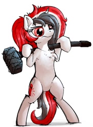 Size: 1000x1371 | Tagged: safe, artist:uteuk, oc, oc only, oc:red rocket, unicorn, semi-anthro, angry, belly, bipedal, eyes open, female, hammer, mare, red eyes, simple background, solo, white background