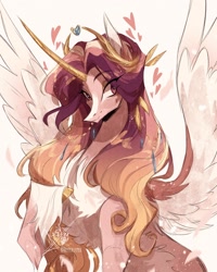 Size: 1762x2202 | Tagged: safe, artist:iheyyasyfox, princess cadance, alicorn, pony, g4, alternate design, bust, chest fluff, curved horn, female, floating heart, fluffy, heart, horn, laurel wreath, long hair, mare, signature, simple background, solo, spread wings, unshorn fetlocks, white background, wings